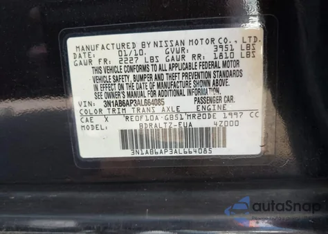 2010 Nissan Sentra 2.0S из США, поврежденный, VIN 3N1AB6AP3AL664085